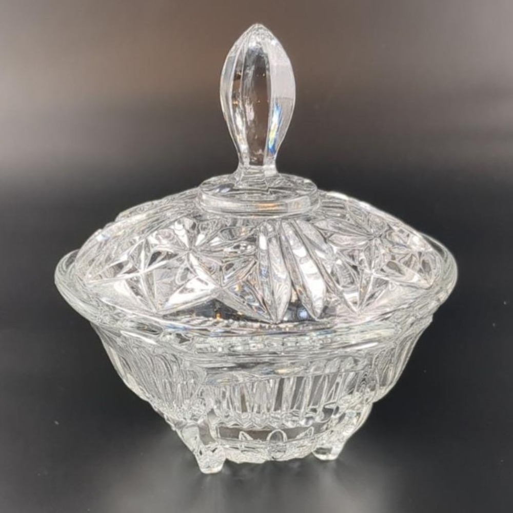 VTG MCM Crystal Candy Dish w/ Lid‎ 4.25x5" Holiday Glam Footed Glass Bowl